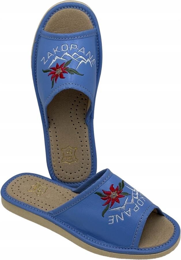 ANREN Dames pantoffels Zakopane blauw geborduurd open