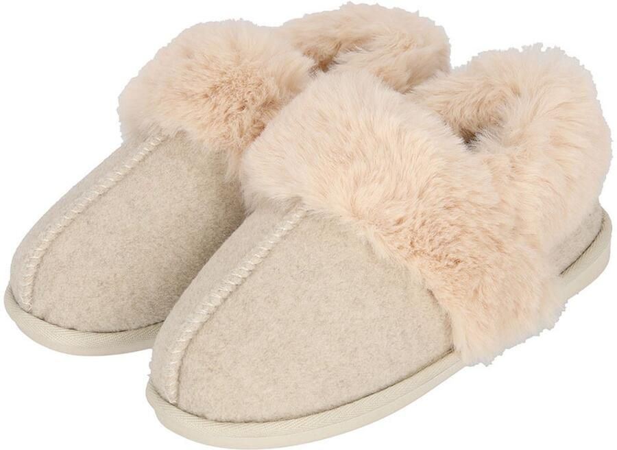 Apollo dames sloffen instappers crèmewit vilt kunstbont laag model pantoffels harde zool