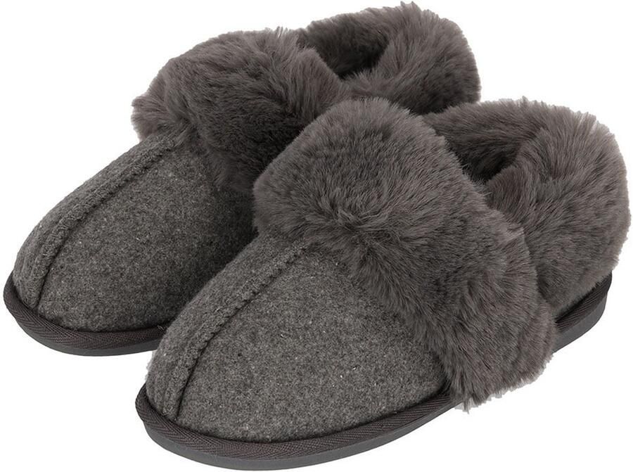 Apollo dames sloffen instappers grijs vilt kunstbont laag model pantoffels harde zool