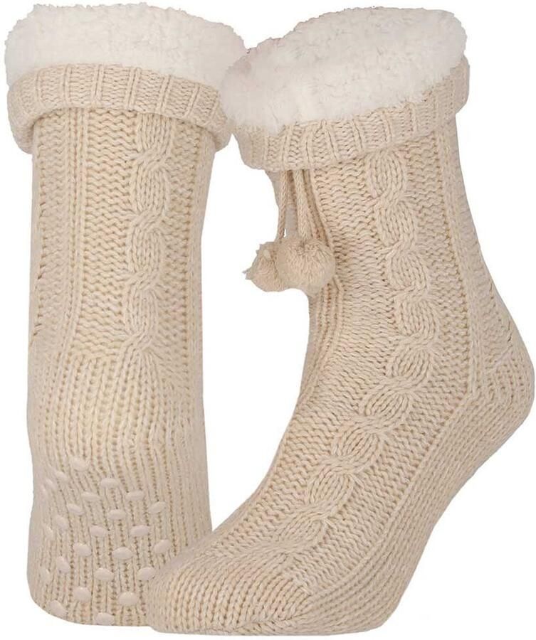 Apollo Huissloffen dames gebreid slofsokken creme one size fleece