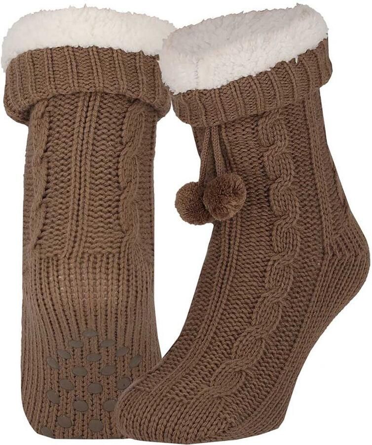 Apollo Huissloffen dames gebreid slofsokken donkerbruin one size fleece