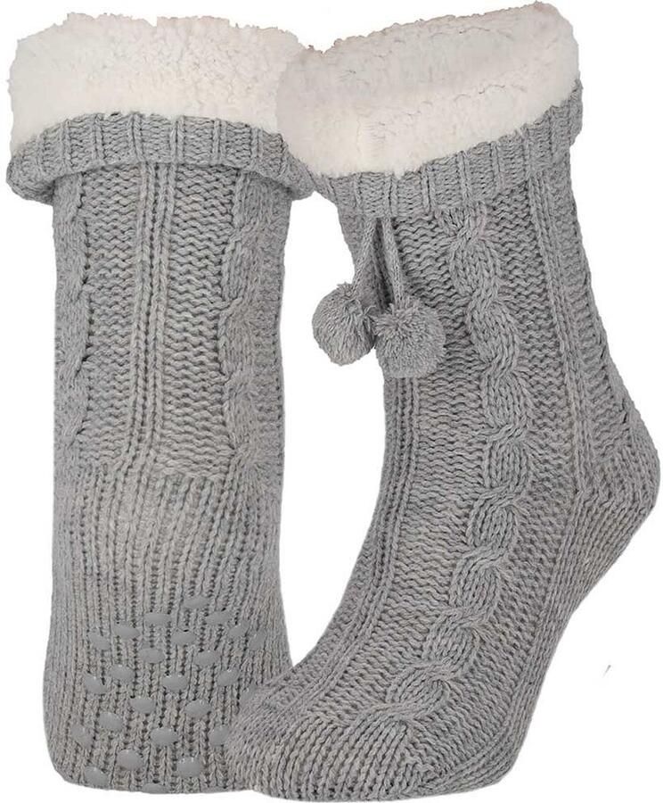 Apollo Huissloffen dames gebreid slofsokken lichtgrijs one size fleece