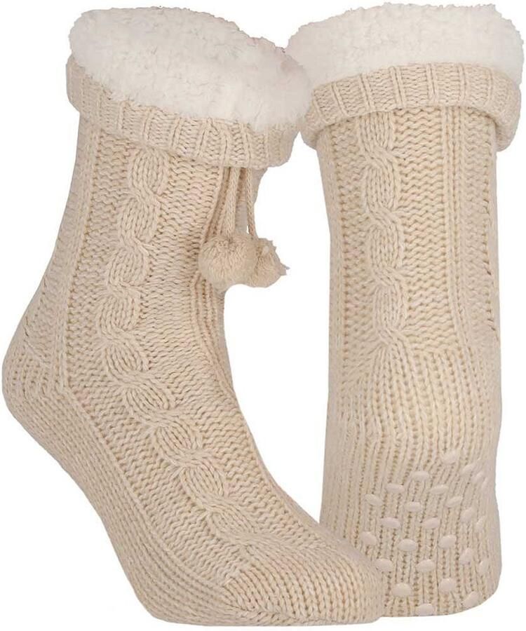 Apollo Huissloffen kinderen gebreid slofsokken creme one size fleece