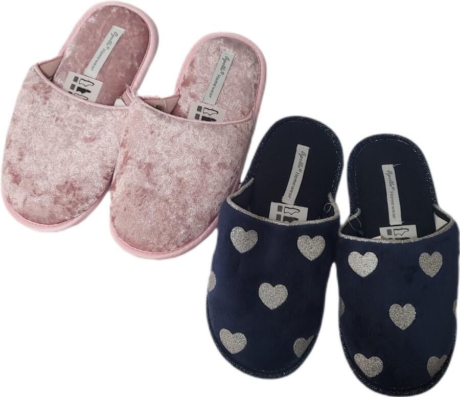 Apollo Meisjes Instap Pantoffels Sloffen Set van 2 Paar Merk Rubberen Profiel zool Anti slip Kleur Lichtroze Marineblauw Zilver