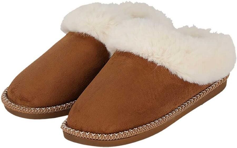 Apollo teddy sloffen dames cognac instappers teddystof pantoffels laag