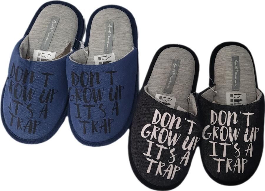 Apollo Unisex Instap Pantoffels Sloffen Set van 2 Paar Merk Rubberen Profiel zool Anti slip Kleur Blauw en Grijs Tekst