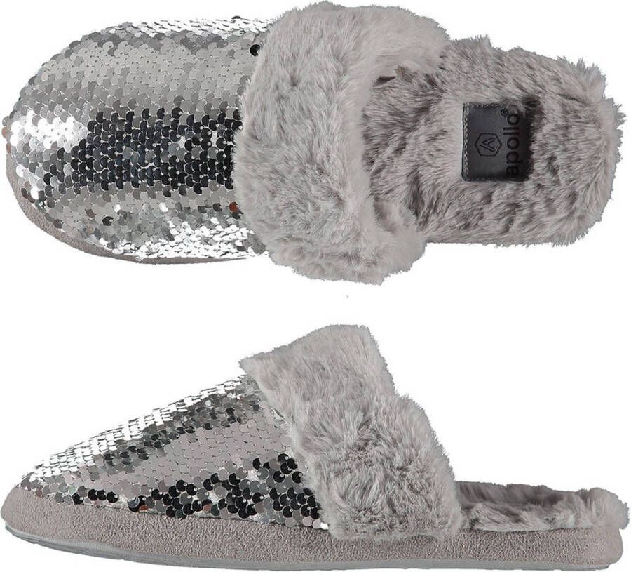 Apollo Dames instap slippers pantoffels met pailletten grijs
