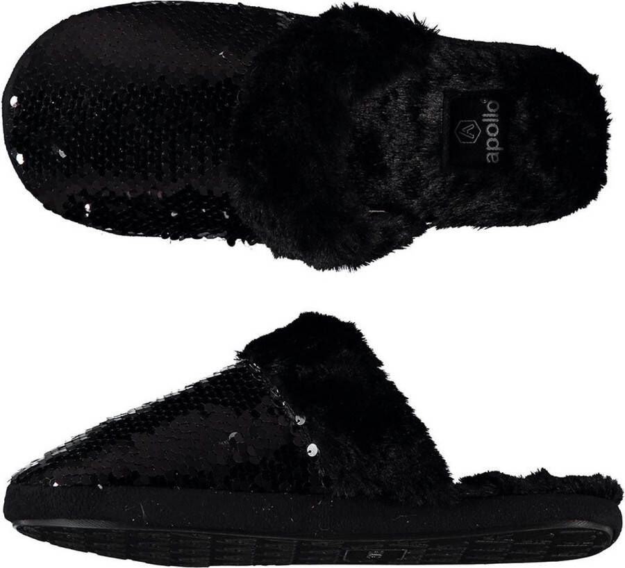 Apollo Dames instap slippers pantoffels met pailletten zwart