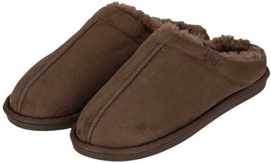 Apollo heren sloffen taupe suede buitenkant met wol instap pantoffels