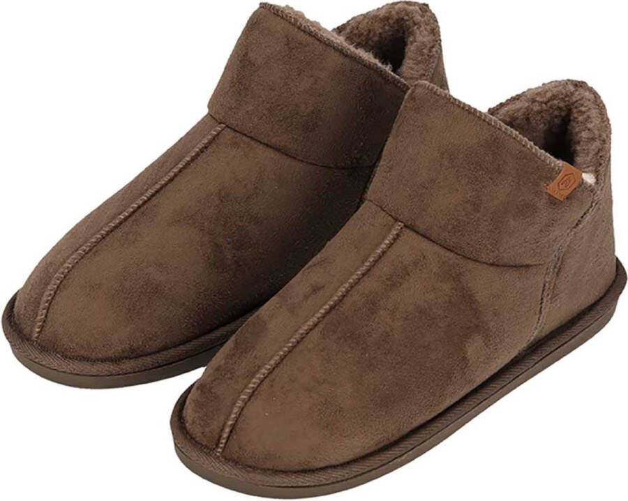Apollo Pantoffels Dames Boots Suede Taupe Sloffen Hoog Model Harde zool met grip