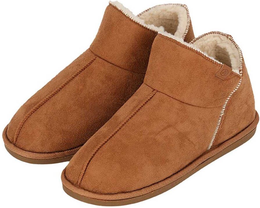 Apollo sloffen dames cognac voering wol suede pantoffels met antislip hoog