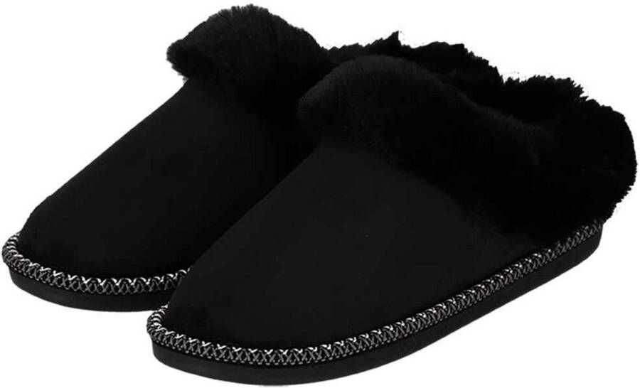 Apollo teddy sloffen dames zwart instappers teddystof pantoffels laag