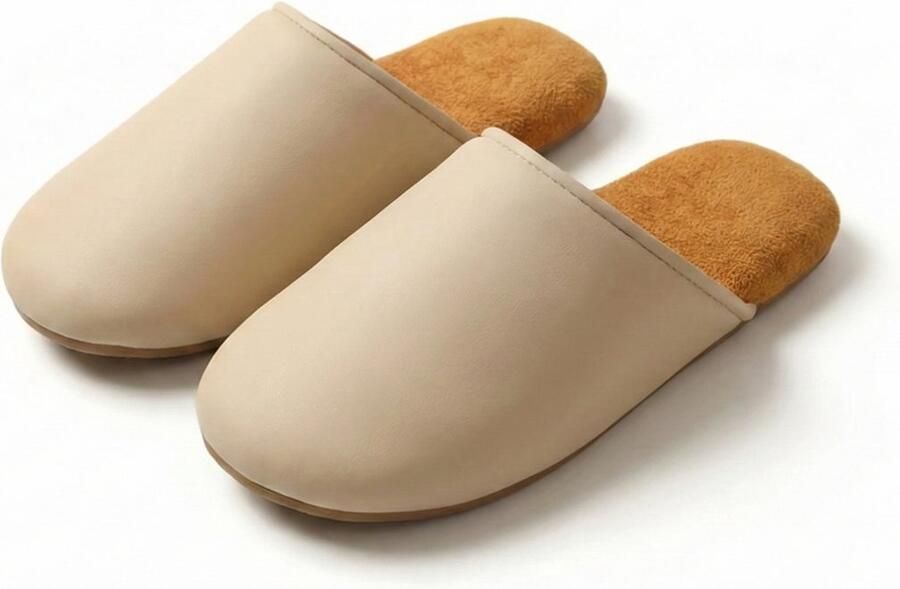Arvida Japandi Sloffen Dames Waterafstotend & Antislip Luxe Lederlook Pantoffels Beige Warme Pluche Voering (Let op: Valt klein) - Foto 4