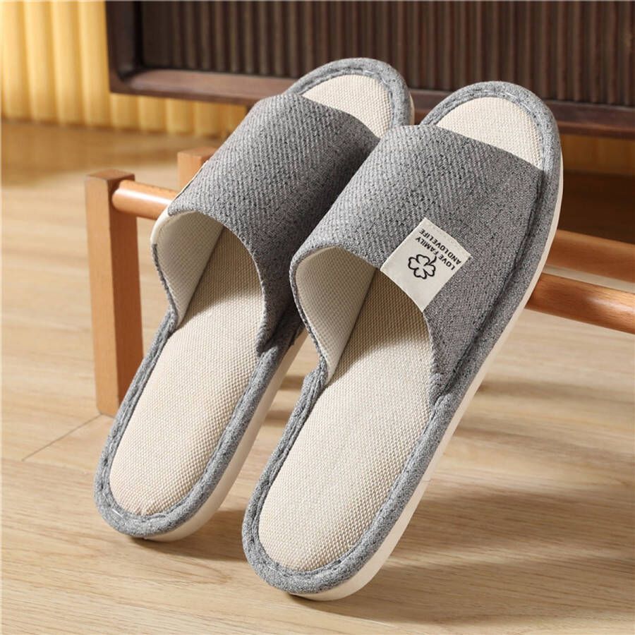 AULEDIO 1 paar Grijs Uniseks Slippers met Geheugenschuim Zacht & Warm Antislip Binnenshuis Pantoffels van Linnen-Katoen Mix