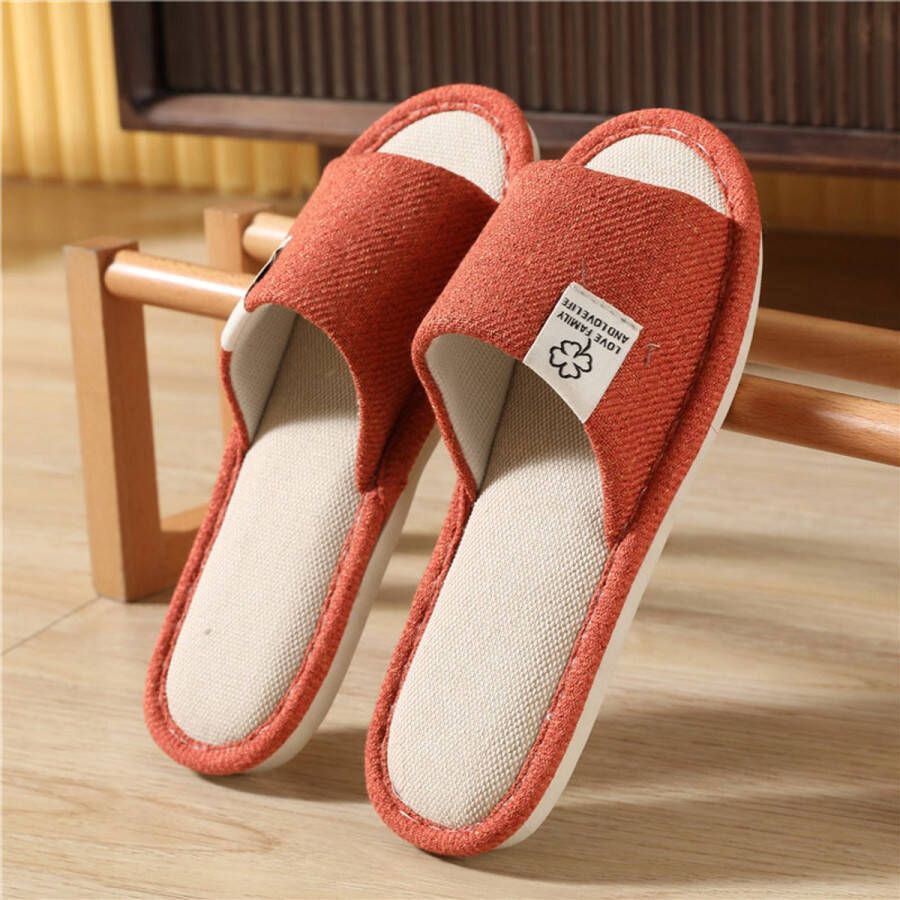 AULEDIO 1 paar Orange-red Uniseks Slippers met Geheugenschuim Zacht & Warm Antislip Binnenshuis Pantoffels van Linnen-Katoen Mix