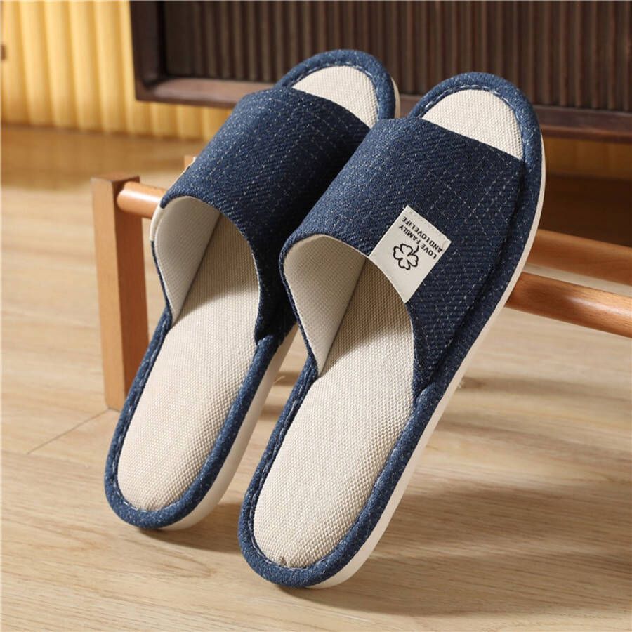 AULEDIO 1 paar Donkerblauwe Uniseks Slippers met Geheugenschuim Zacht & Warm Antislip Binnenshuis Pantoffels van Linnen-Katoen Mix