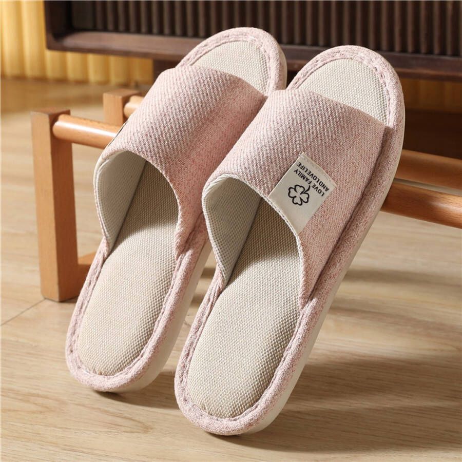 AULEDIO 1 paar Roze Uniseks Slippers met Geheugenschuim Zacht & Warm Antislip Binnenshuis Pantoffels van Linnen-Katoen Mix