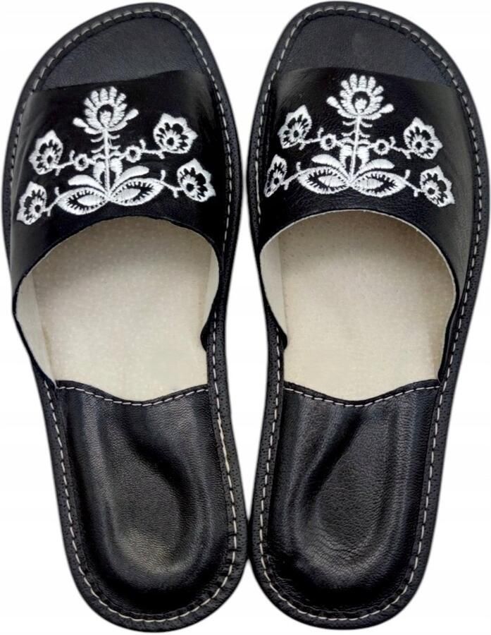 Baba Dames Leren Pantoffels Zwart Bloemen Folk Comfortabel & Stijlvol