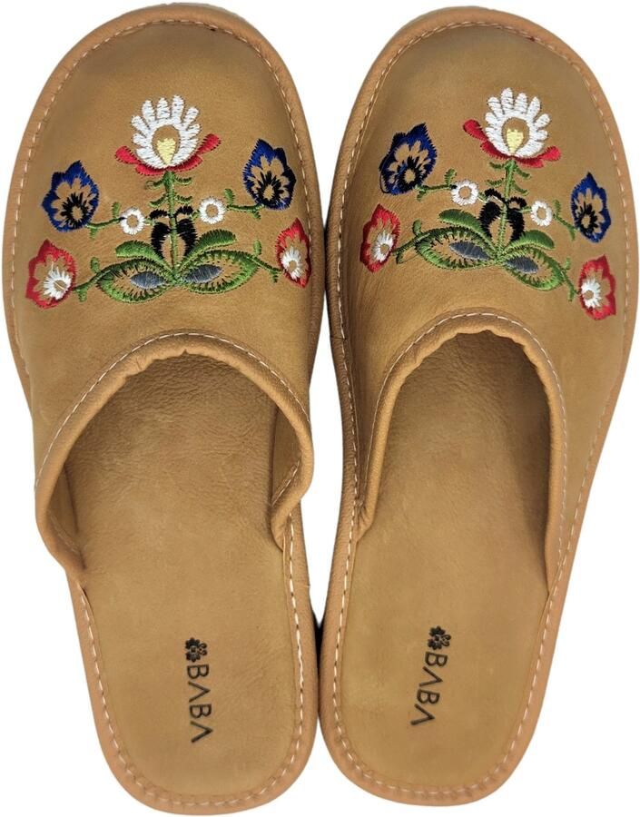 Baba Dames Pantoffels Leer Geborduurd Bloemen Comfortabel Bruin