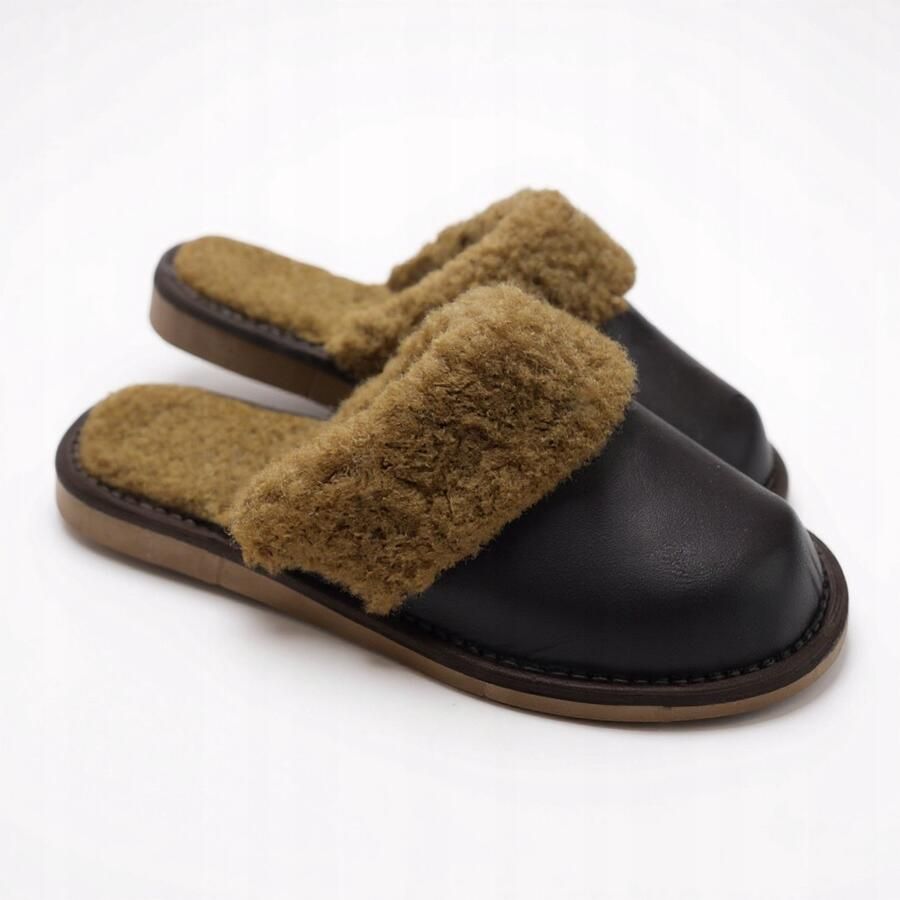 Baba Dames pantoffels van leer met wol chocoladebruin