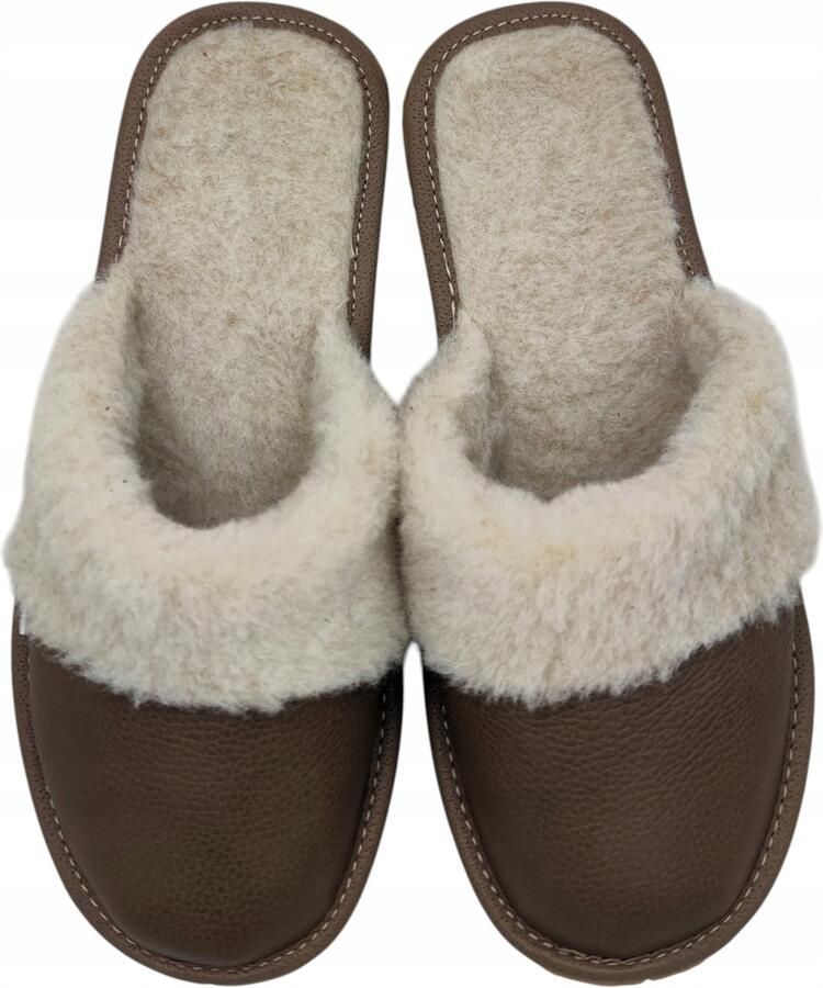 Baba Dames Pantoffels Leer Wol Mokka Warm & Comfortabel