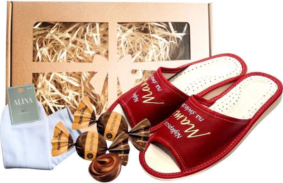 Baba Damespantoffels Beste Mama Cadeauset Rood Leer