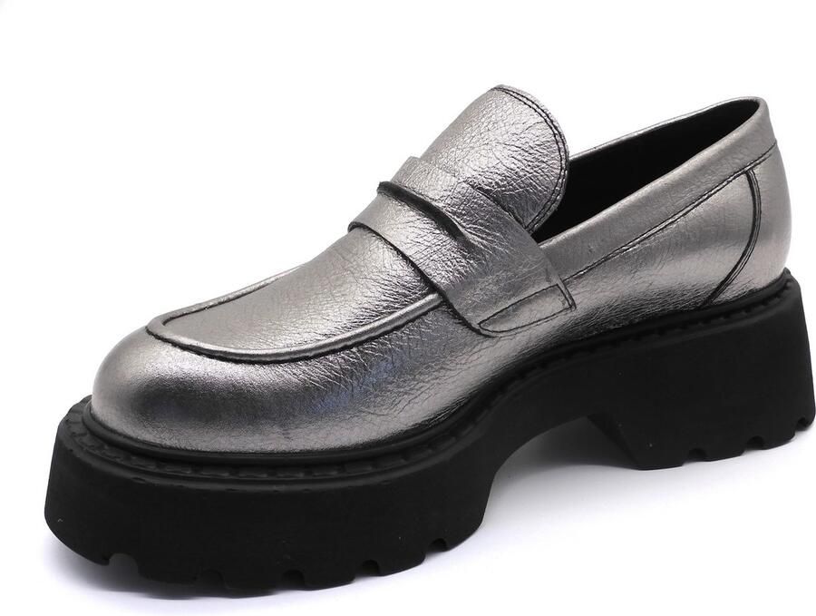 Baboos Dames loafer van echt leer Metallic zilver Plateau zool -Trendy & comfortabel