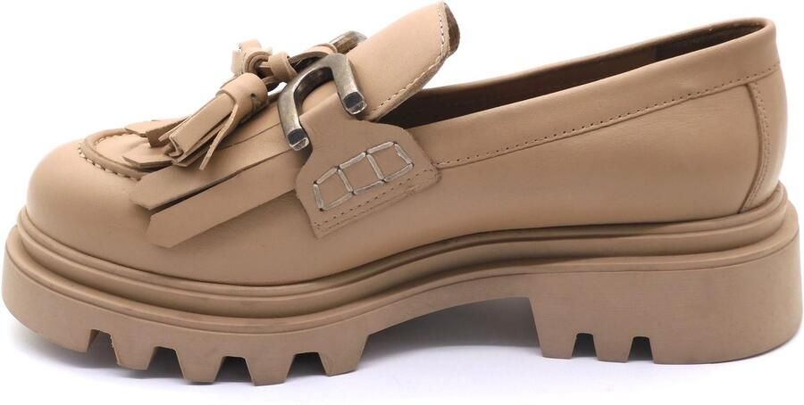Baboos Dames Loafers Echt Leer Chunky Zool Donker Beige Comfort & Trend Met Franjes en Gesp