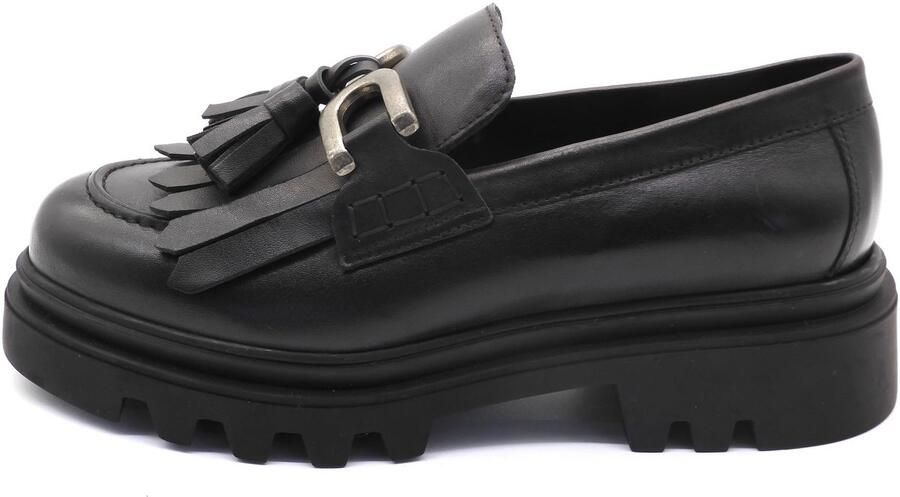 Baboos Dames Loafers Echt Leer Zwarte Chunky Zool Elegante Fringes & Gesp Comfortabele Instappers