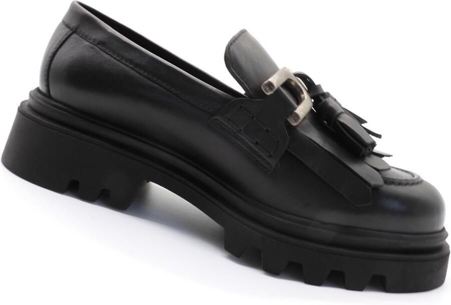 Baboos Dames Loafers Echt Leer Zwarte Chunky Zool Elegante Fringes & Gesp Comfortabele Instappers