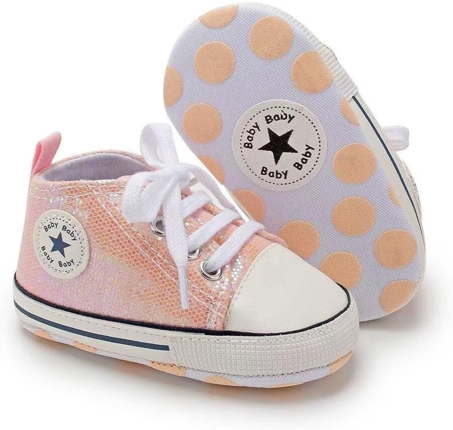 Baby-slofje.nl Stoere Baby Schoenen Babysneakers van Baby-Slofje Zalm met glitter (
