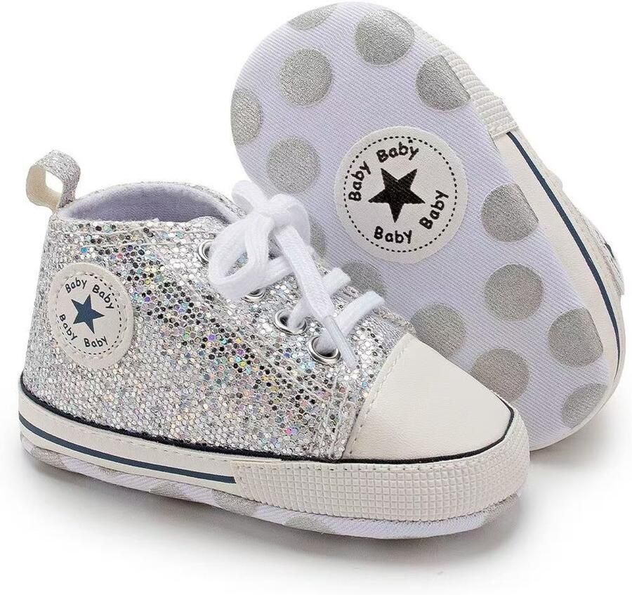 Baby-slofje.nl Stoere Baby Schoenen Babysneakers van Baby-Slofje Zilver glitter (