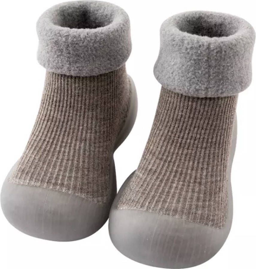 Baby-slofje.nl Fleece anti slip schoentjes Sok sloffen Eerste loopschoentjes Effen grijs - Foto 1