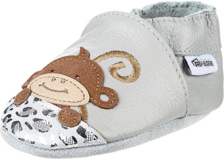 Baby-slofje.nl Leren grijze babyslofjes van Baby-Slofje Aap