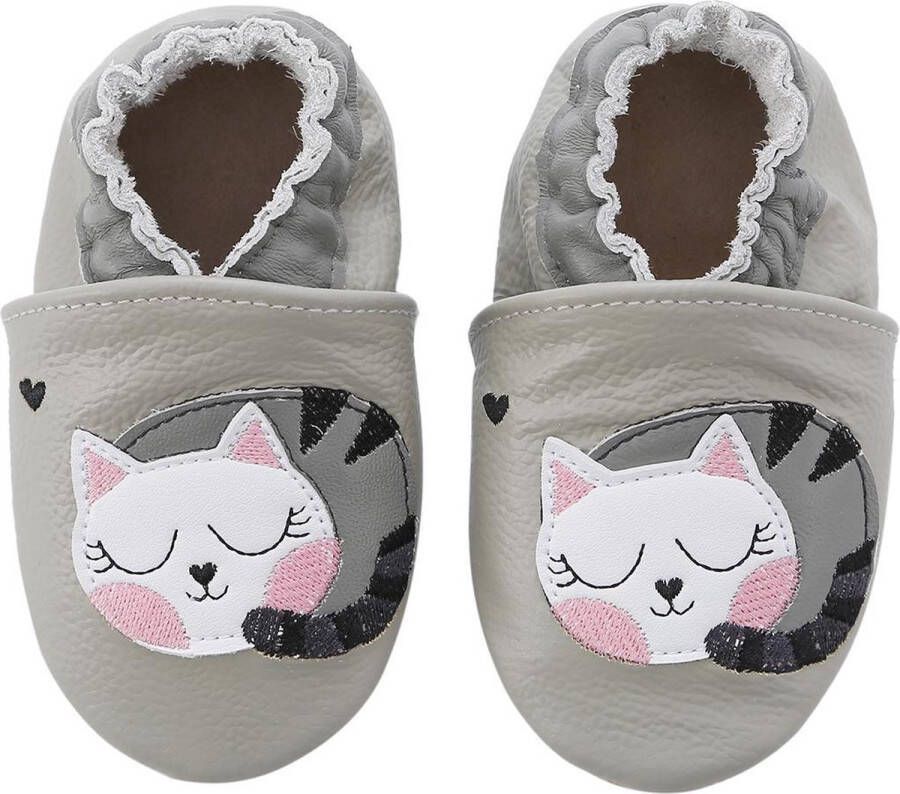 Baby-slofje.nl Leren grijze babyslofjes van Baby-Slofje Poes