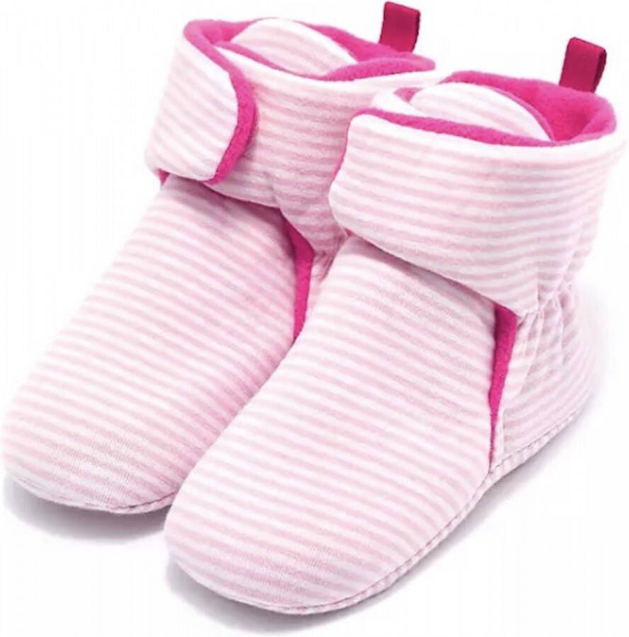 Baby-slofje.nl Roze gestreepte fleece babyslofjes van Baby-Slofje cm ( 0-6 maanden)