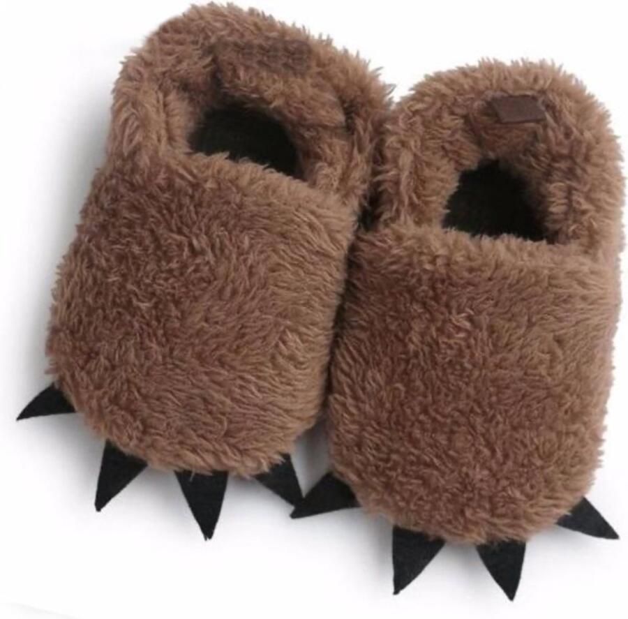Babyslofjes Berenpootjes Bruin grappige kindersloffen kraamcadeau baby anti-slip zachte fleece stof zoollengte