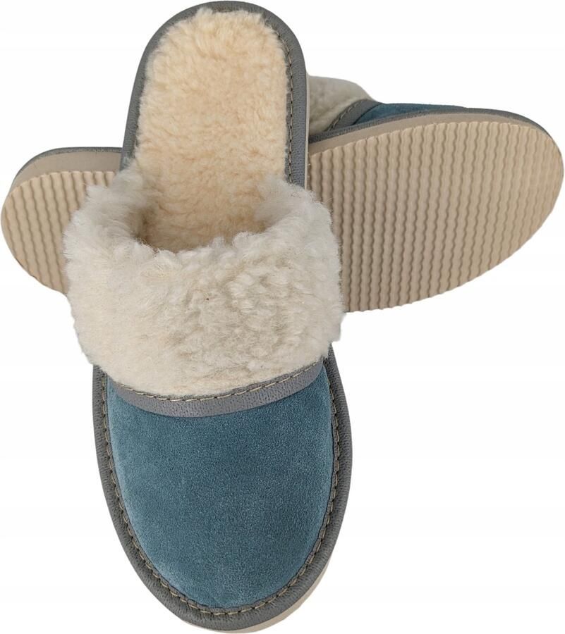 Baffiks Dames Pantoffels Wol Leer Blauw Warm & Comfortabel