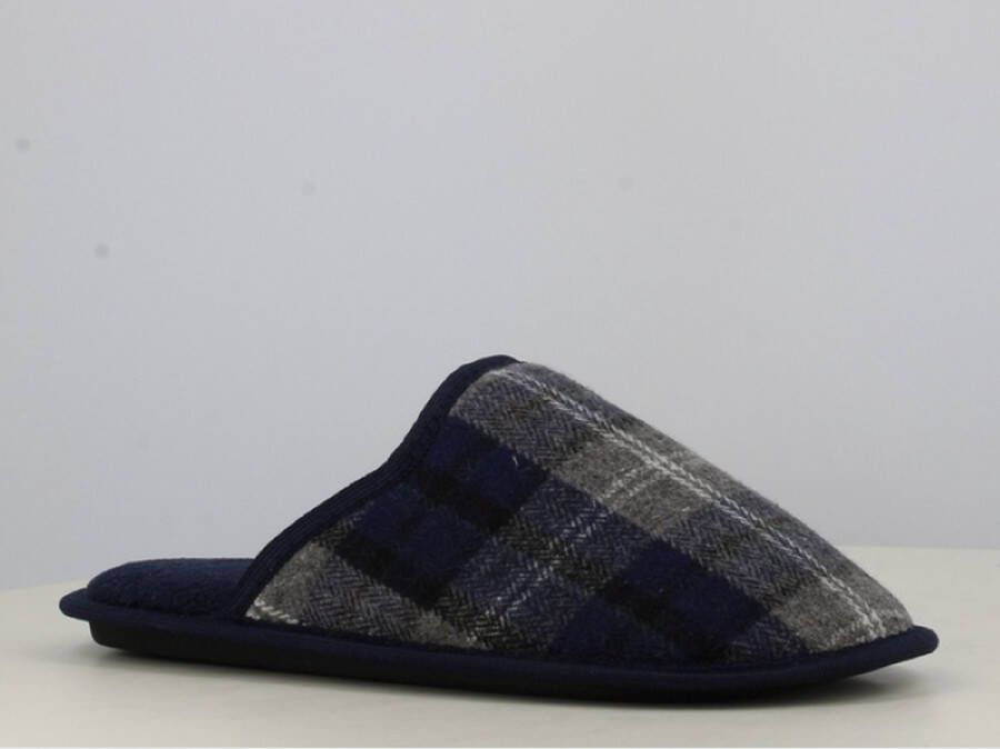 Heren instap sloffen mannen pantoffels navy blauw met geblokt patroon zeer zacht met rubberen zool