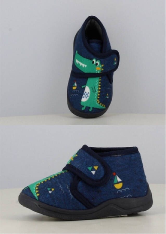 BBS Jongens baby peuter kleuter krokodil pantoffels donker blauw met groene krokodil figuur sterke antislip velcro klittenband sluiting