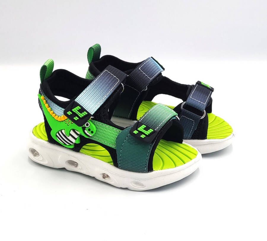 BBS Jongens baby peuter kleuter zomer sandalen met felle lichtjes in de zool groen met dinosaurus dubbele klittenband sluiting