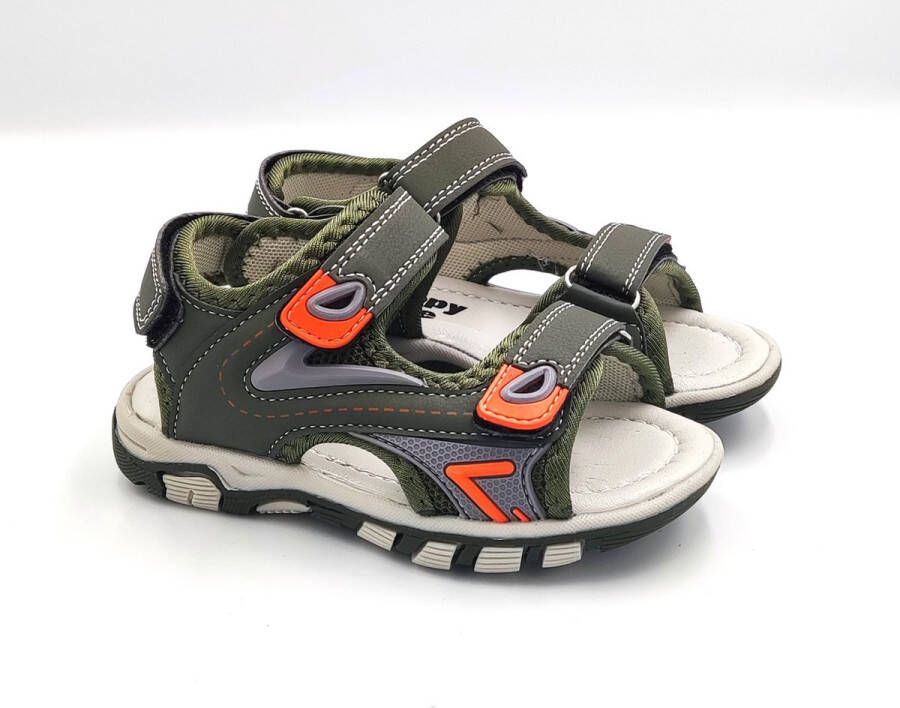 BBS Jongens baby peuter kleuter zomer sandalen stevige wandel sandalen- groen khaki en oranje dubbele klittenband sluiting