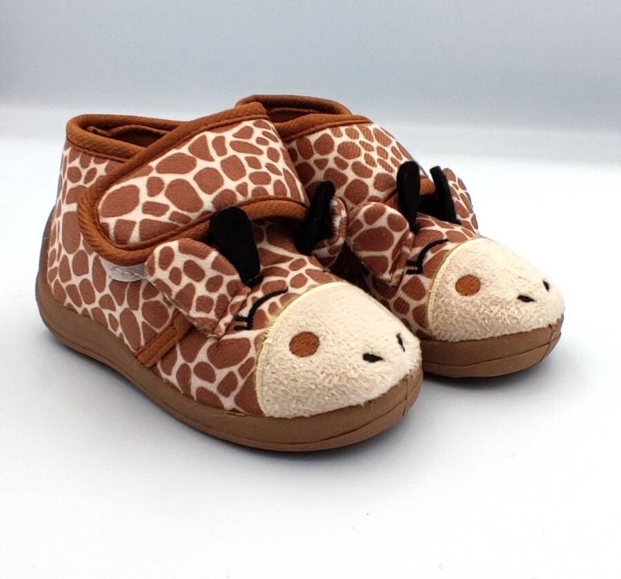 BBS en baby peuter kleuter giraf pantoffels zeer zachte sloffen bruin beige giraffenprint met leuk gezichtje sterke antislip instappers met velcro sluiting