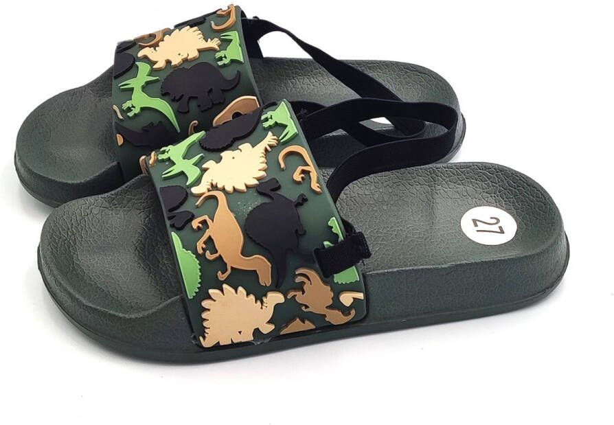 BBS Kinder baby peuter kleuter of slippers dinosaurus sloffen khaki met hiel elastiek instapsloffen ideaal voor thuis of als strand bad slipper