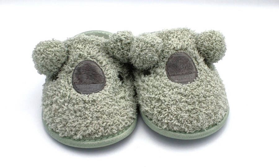 BBS Kinder instap pantoffels voor en met dierengezicht als fantasie zeer zacht met rubberen zool groen