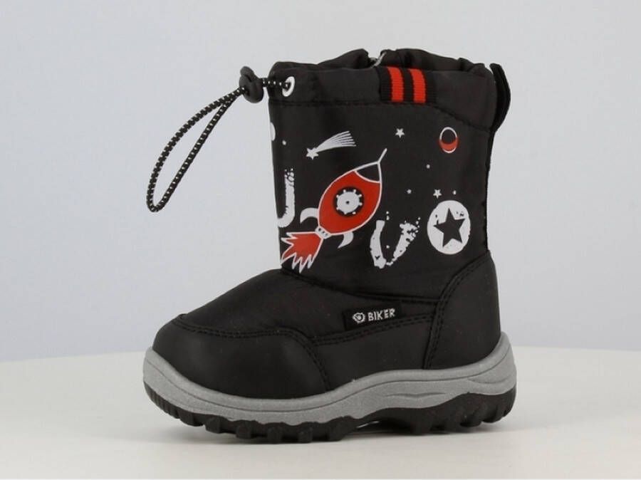 BBS Kinder stoere sneeuwlaarzen snowboots winterschoenen zwart met rode tekening raket zeer stevig en goede pasvorm ideaal voor in de sneeuw