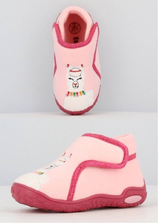 BBS Meisjes alpaca pantoffels roze met witte alpaca sterke antislip