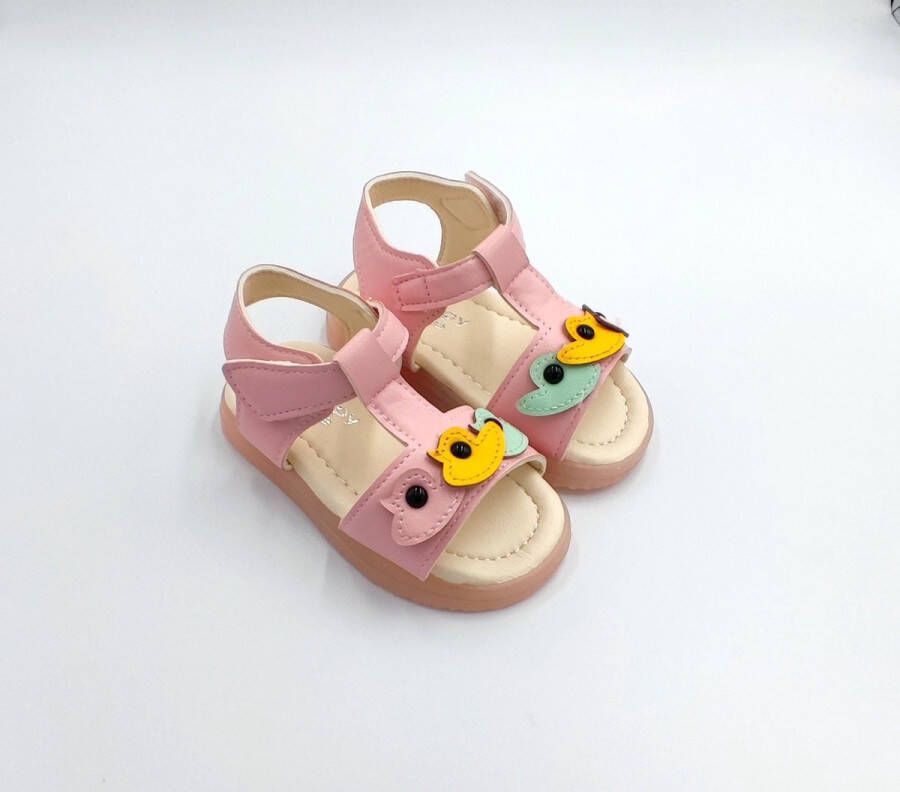BBS Meisjes baby peuter kleuter zomer sandalen roze met vogeltjes aan de tenen klittenband sluiting