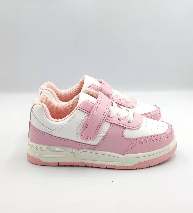 BBS Meisjes sneakers basic lage zomer schoenen roze met wit klittenband sluiting en veters