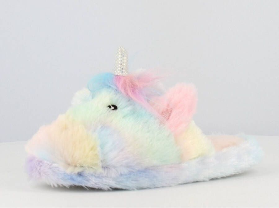 BBS Meisjes unicorn fleece pantoffels zeer zachte instap sloffen goede grip multicolor regenboogkleuren